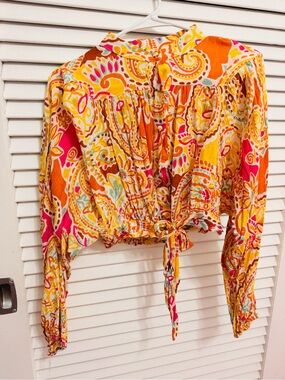 Boho Tie-Front Crop Blouse - Yellow Orange Pink Paisley